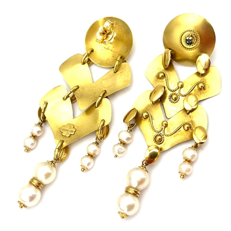 Orecchini pendenti vintage, chandelier, perle e oro - 7 cm; 17.45 gr