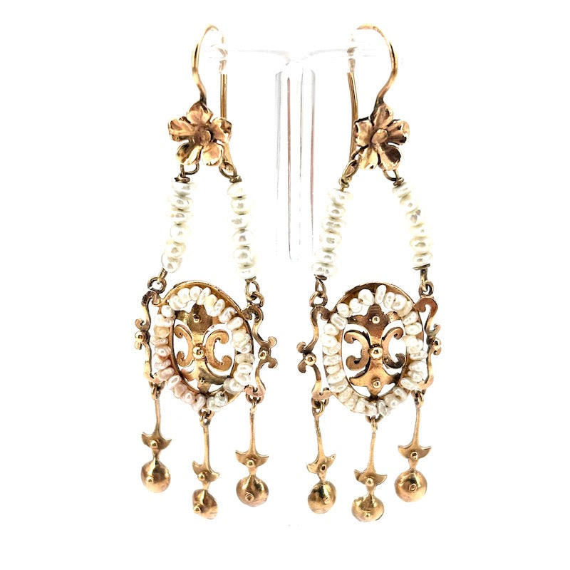 Orecchini pendenti vintage, microperle e oro - 7 cm; 7.83 gr