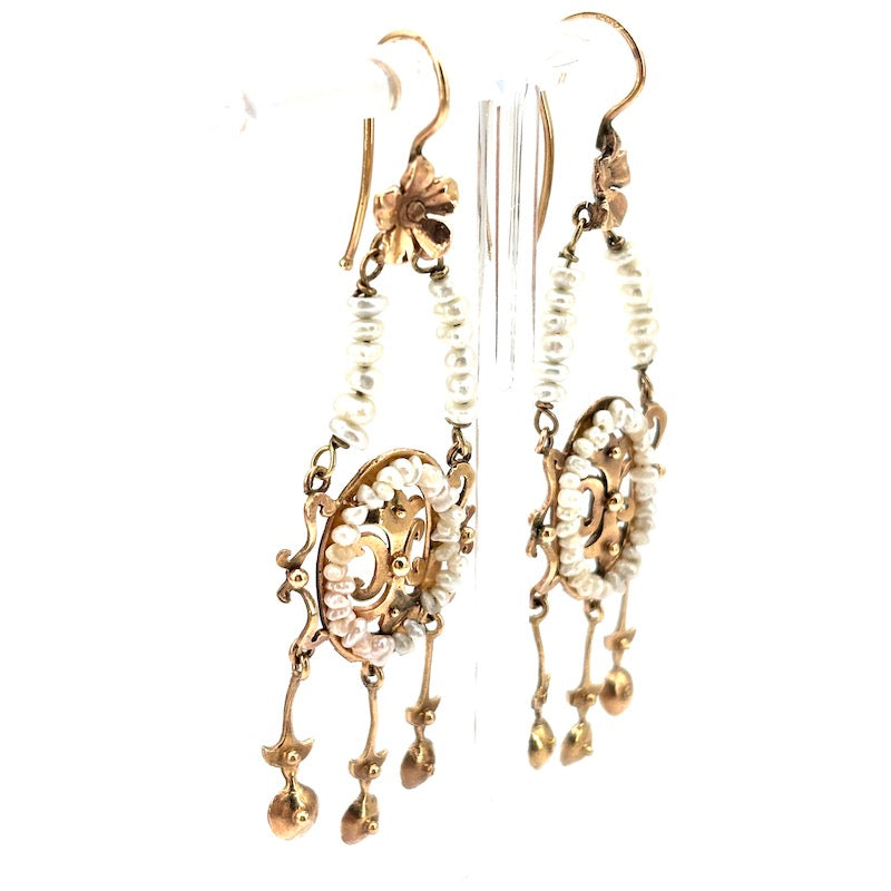 Orecchini pendenti vintage, microperle e oro - 7 cm; 7.83 gr