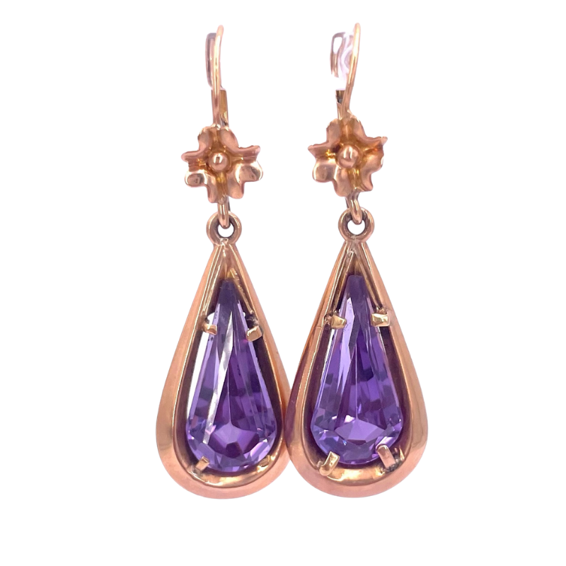 Orecchini pendenti vintage gocce viola e oro giallo; 7.48 gr