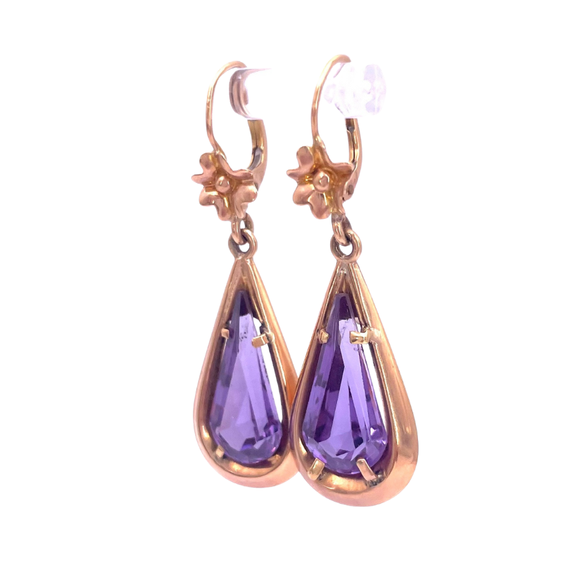 Orecchini pendenti vintage gocce viola e oro giallo; 7.48 gr