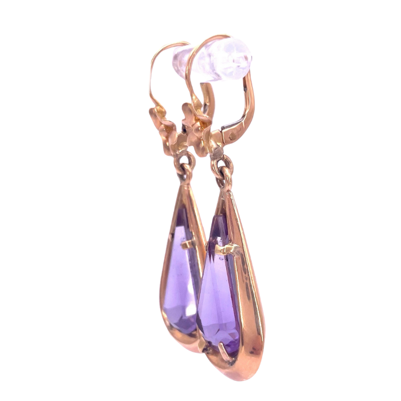 Orecchini pendenti vintage gocce viola e oro giallo; 7.48 gr