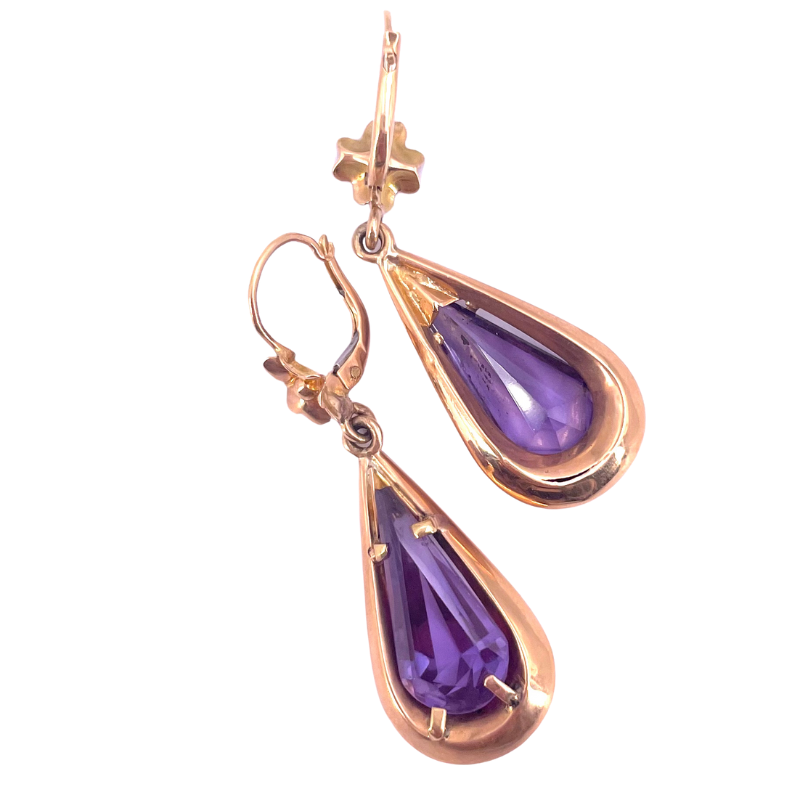 Orecchini pendenti vintage gocce viola e oro giallo; 7.48 gr