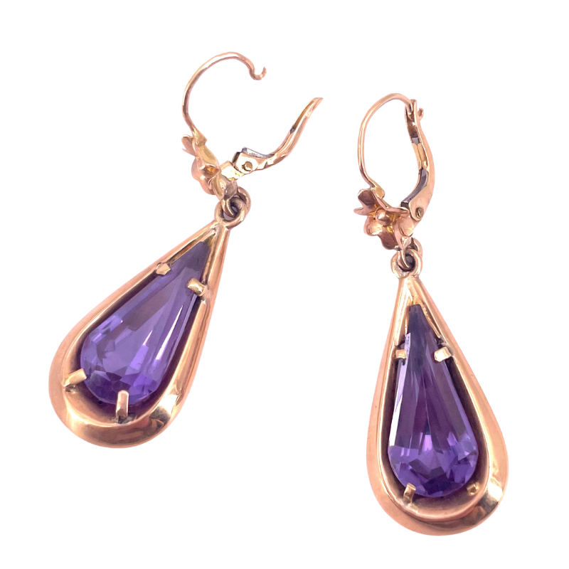 Orecchini pendenti vintage gocce viola e oro giallo; 7.48 gr