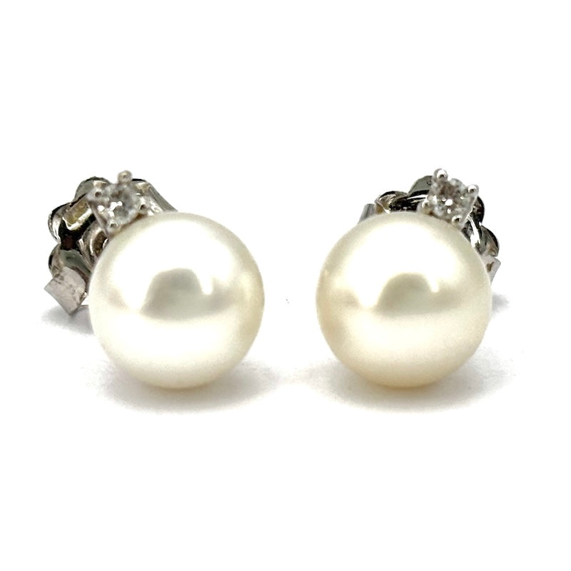 Orecchini perle al lobo -7.5-8 mm, con brillanti, in oro; 3.07 gr