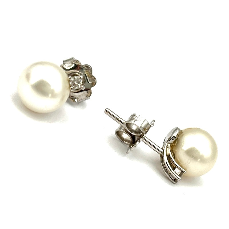 Orecchini perle al lobo -7.5-8 mm, con brillanti, in oro; 3.07 gr