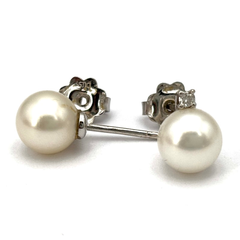 Orecchini perle al lobo -7.5-8 mm, con brillanti, in oro; 3.07 gr