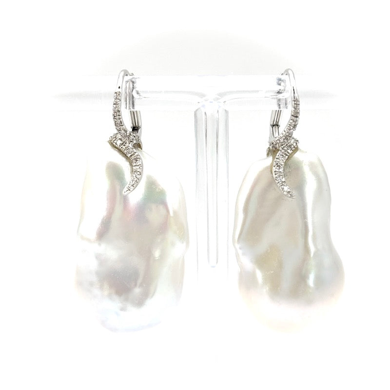 Orecchini perle barocche australiane maxi, brillanti e oro bianco, pendenti - 22.35 gr - 4.2 cm