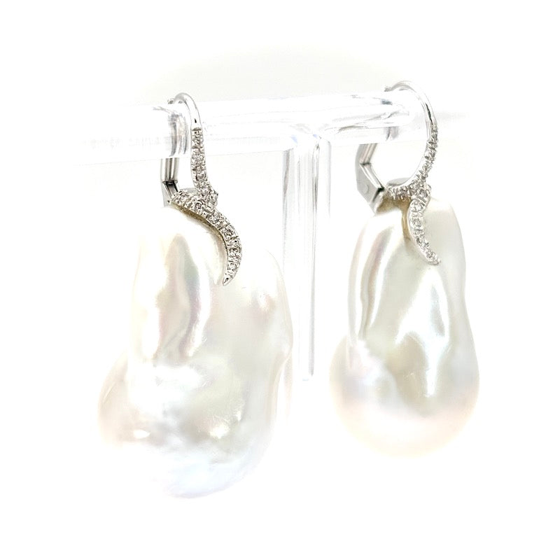 Orecchini perle barocche australiane maxi, brillanti e oro bianco, pendenti - 22.35 gr - 4.2 cm
