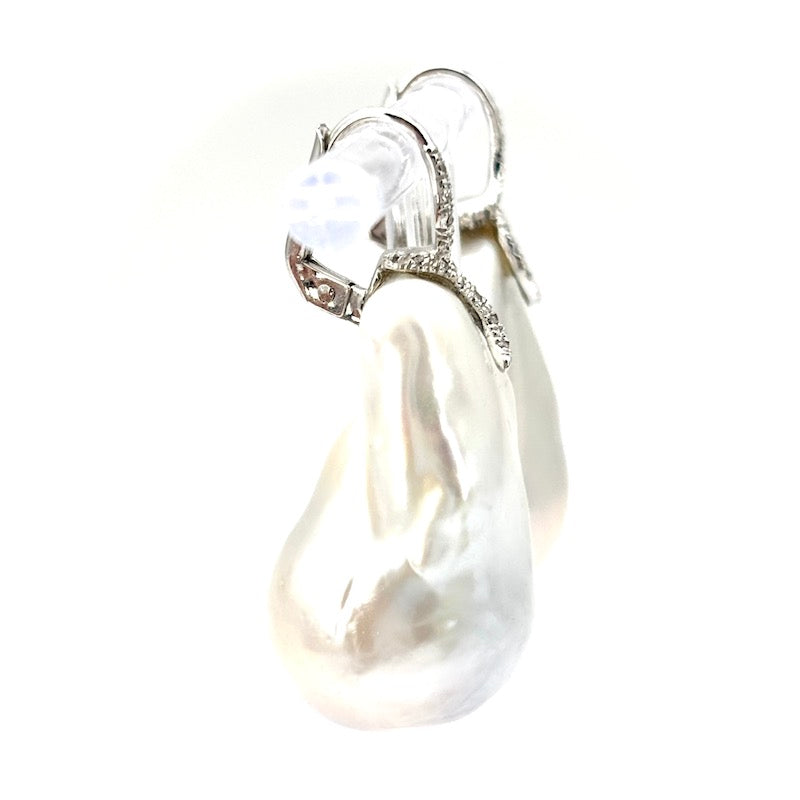 Orecchini perle barocche australiane maxi, brillanti e oro bianco, pendenti - 22.35 gr - 4.2 cm