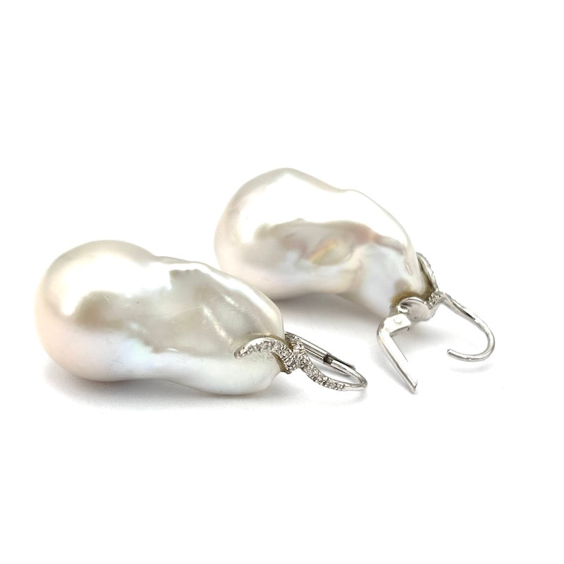 Orecchini perle barocche australiane maxi, brillanti e oro bianco, pendenti - 22.35 gr - 4.2 cm