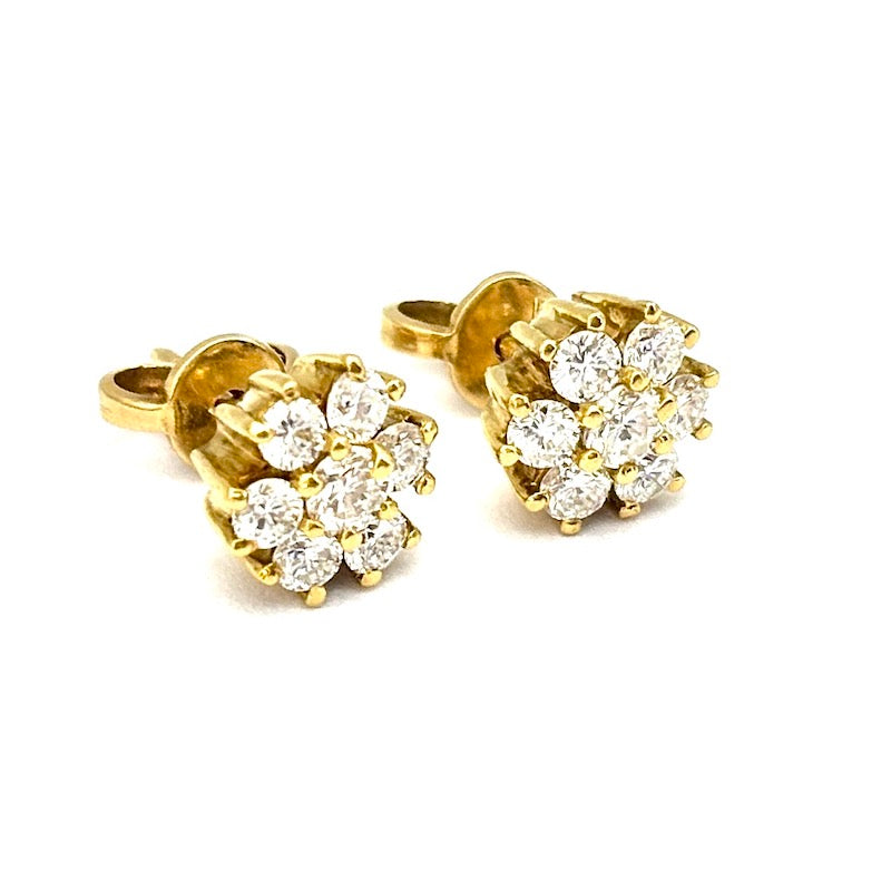 Orecchini punti luce fiori circolari brillanti e oro giallo - 0.90-1.00 ct; 3.05 gr