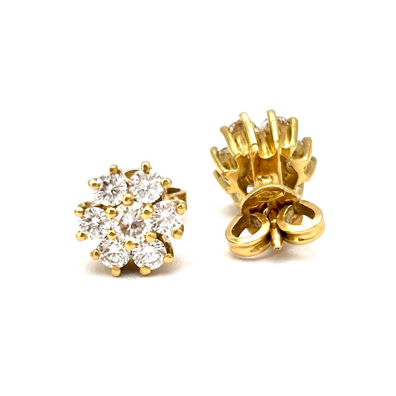 Orecchini punti luce fiori circolari brillanti e oro giallo - 0.90-1.00 ct; 3.05 gr