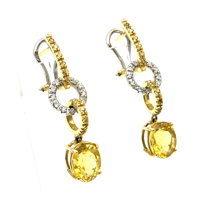 Orecchini quarzi citrini, zaffiri gialli, brillanti e oro, pendenti; 9.8 gr - 3.7 cm