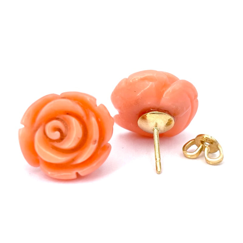 Orecchini rose corallo rosa al lobo, oro giallo; 5.75 gr