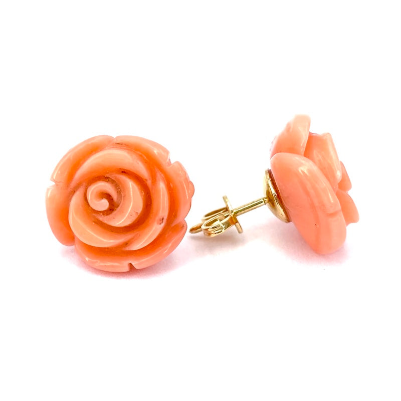 Orecchini rose corallo rosa al lobo, oro giallo; 5.75 gr