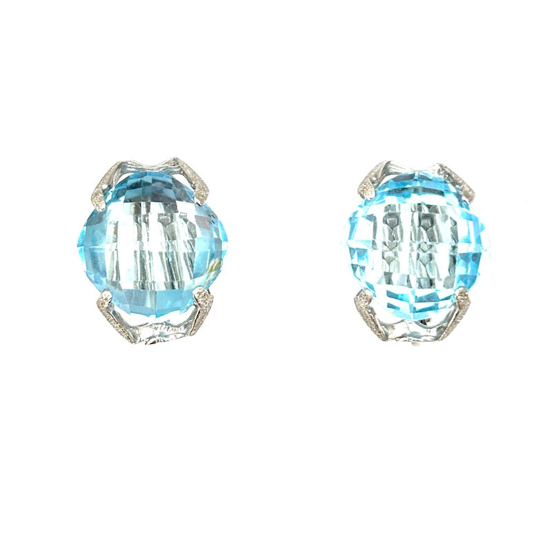 Orecchini topazi azzurri idrotermali e oro bianco, al lobo - 1.6 cm; 7.14 gr