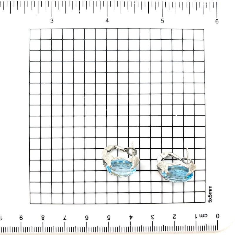 Orecchini topazi azzurri idrotermali e oro bianco, al lobo - 1.6 cm; 7.14 gr