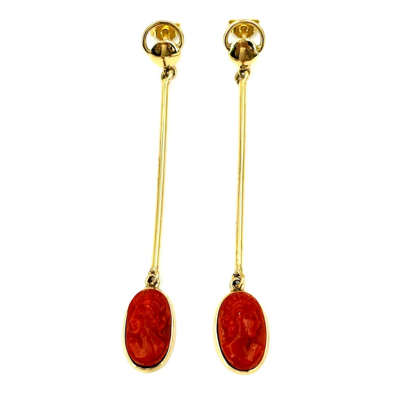 Orecchini vintage cammei corallo, pendenti a fiammifero - 7.6 cm x 1.1 cm; 9.21 gr