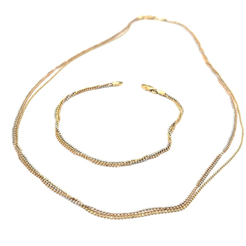 Parure stile mille fili oro tricolore, catene pallini; collana 44 cm + bracciale 19 cm - 8.41 gr totali