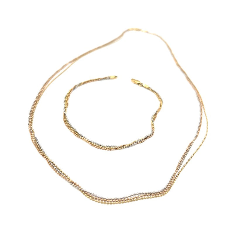 Parure stile mille fili oro tricolore, catene pallini; collana 44 cm + bracciale 19 cm - 8.41 gr totali