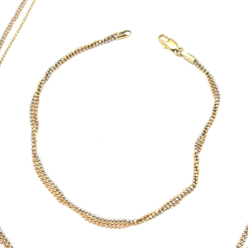 Parure stile mille fili oro tricolore, catene pallini; collana 44 cm + bracciale 19 cm - 8.41 gr totali