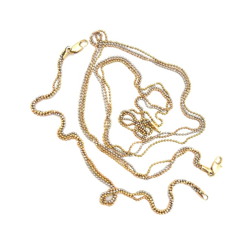 Parure stile mille fili oro tricolore, catene pallini; collana 44 cm + bracciale 19 cm - 8.41 gr totali