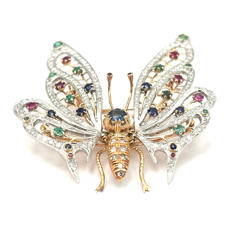 Spilla capolavoro farfalla, brillanti, gemme naturali e oro; 24.14 gr