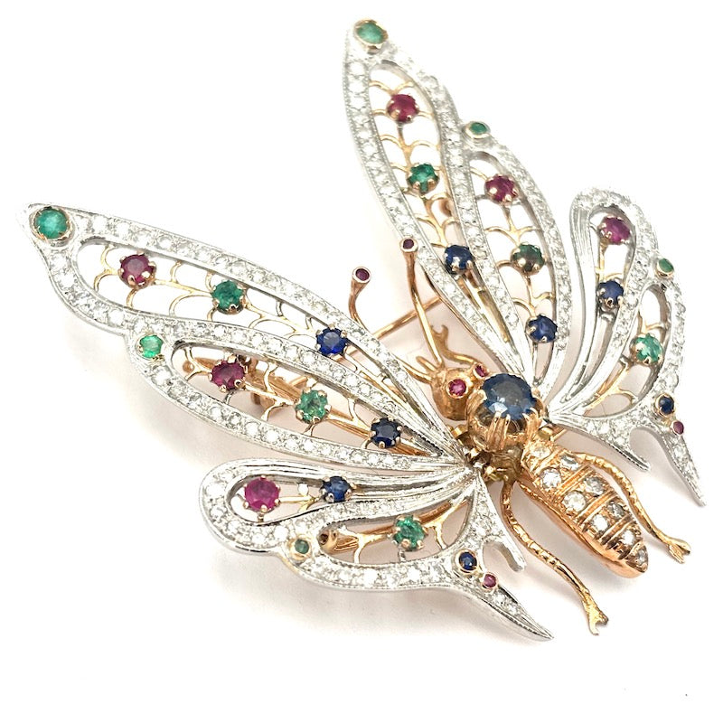 Spilla capolavoro farfalla, brillanti, gemme naturali e oro; 24.14 gr