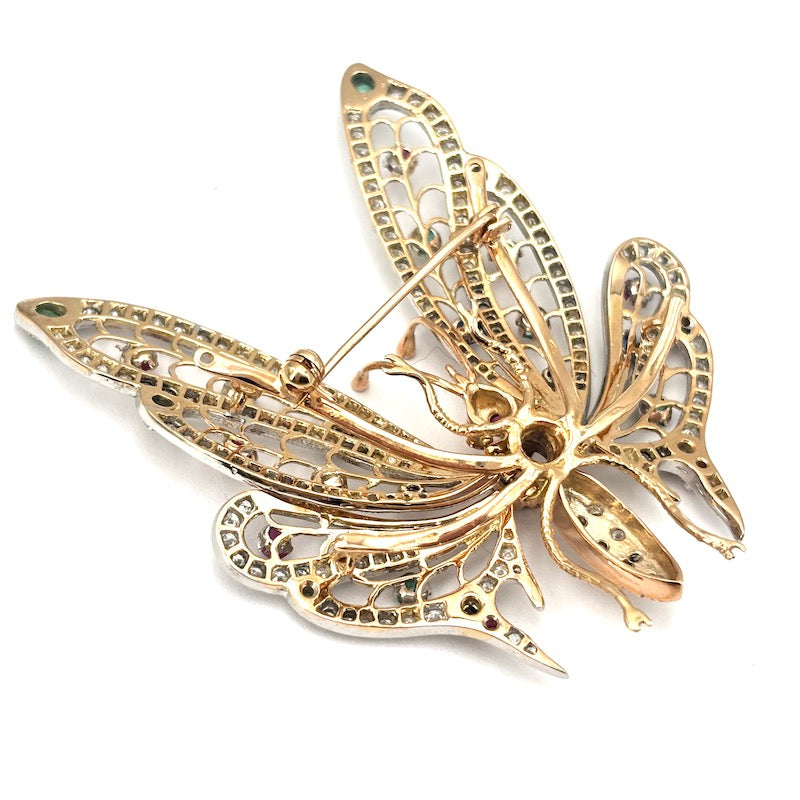 Spilla capolavoro farfalla, brillanti, gemme naturali e oro; 24.14 gr