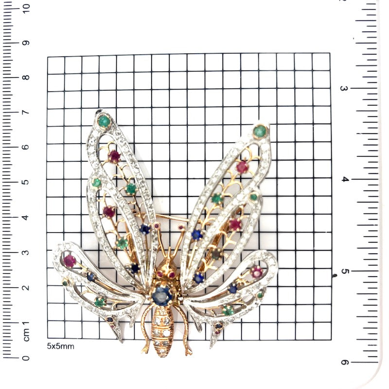 Spilla capolavoro farfalla, brillanti, gemme naturali e oro; 24.14 gr