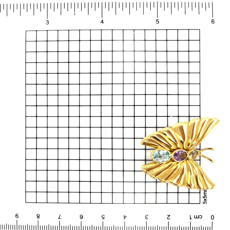 Spilla farfalla, oro giallo, ametista, topazio e quarzo; 5.68 gr