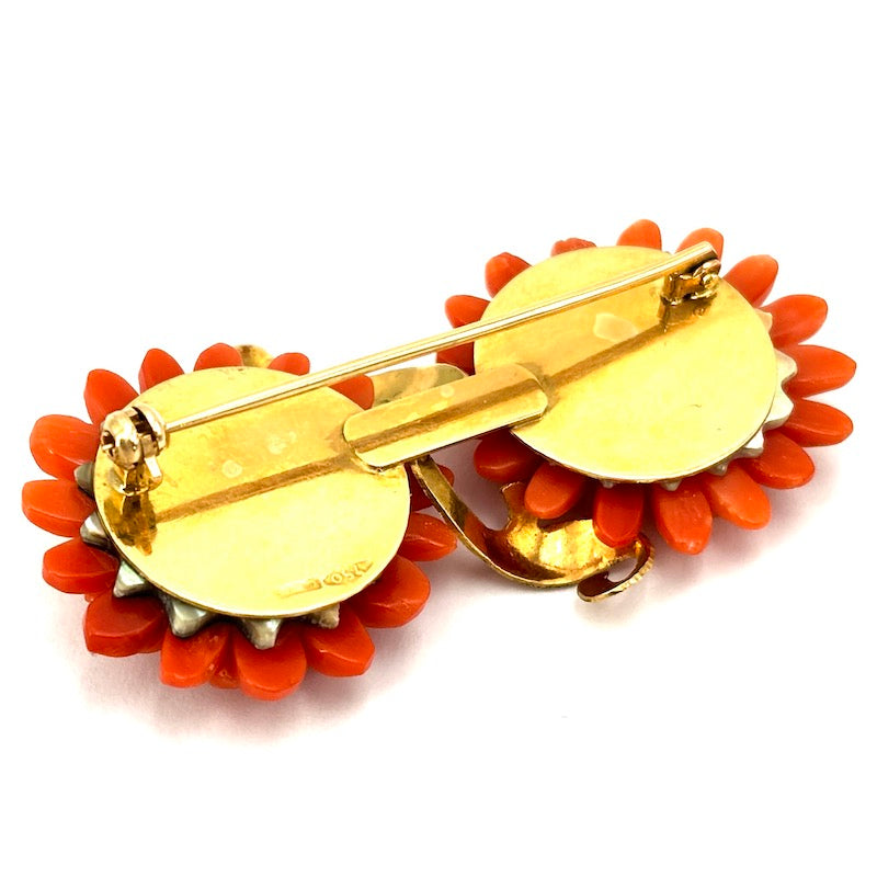 Spilla vintage fiori corallo e oro giallo; 15.12 gr