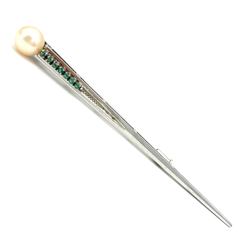 Spillone d'epoca vintage, perla, smeraldi e oro bianco; 5.34 gr