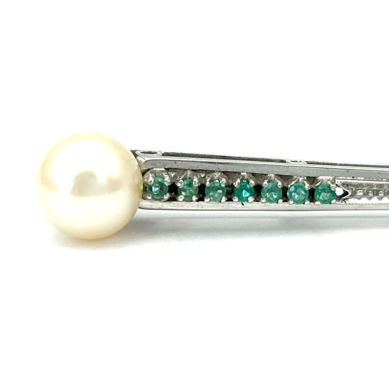 Spillone d'epoca vintage, perla, smeraldi e oro bianco; 5.34 gr