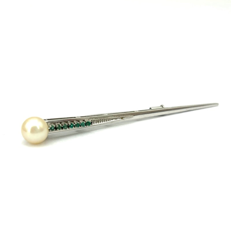 Spillone d'epoca vintage, perla, smeraldi e oro bianco; 5.34 gr