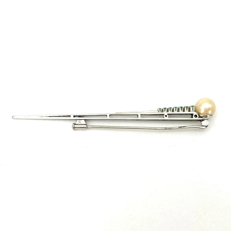 Spillone d'epoca vintage, perla, smeraldi e oro bianco; 5.34 gr