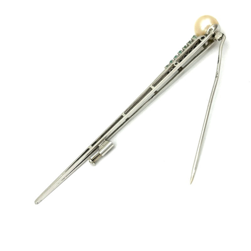 Spillone d'epoca vintage, perla, smeraldi e oro bianco; 5.34 gr