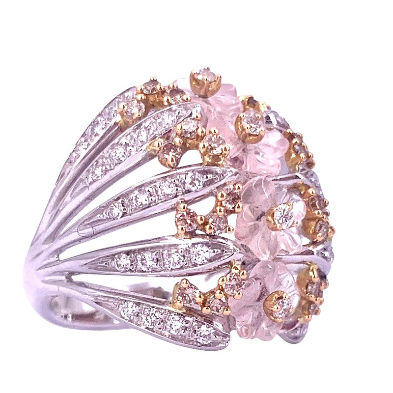 Anello cupola fiori quarzo rosa e brillanti; 10.16 gr