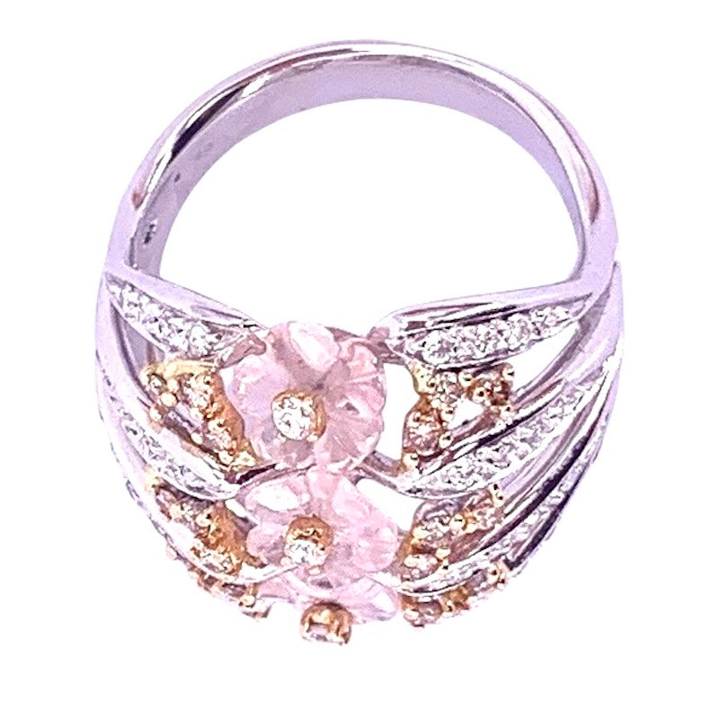 Anello cupola fiori quarzo rosa e brillanti; 10.16 gr