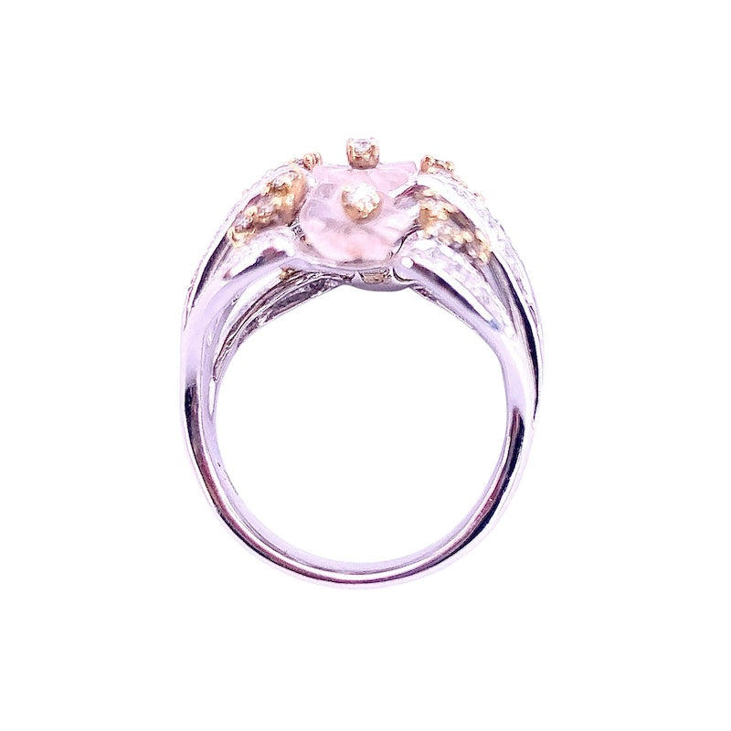 Anello cupola fiori quarzo rosa e brillanti; 10.16 gr